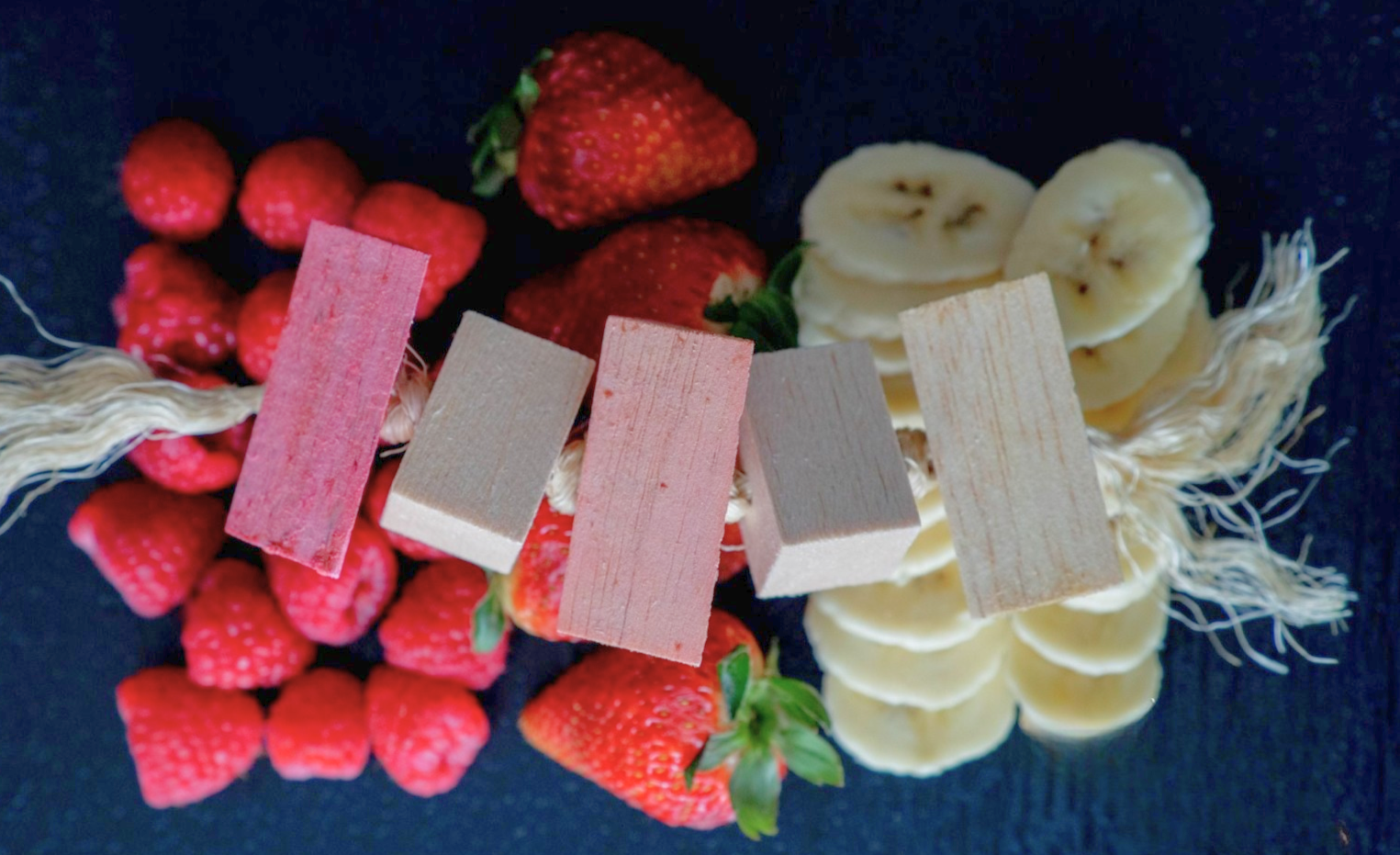 Fun4Bunnies flavored balsa chew toy for small pets flavored in raspberry, strawberry, banana and apple 