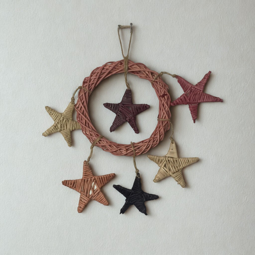 Fun4Bunnies flavored grapevine chew toy stars tied with jute rope onto loop.