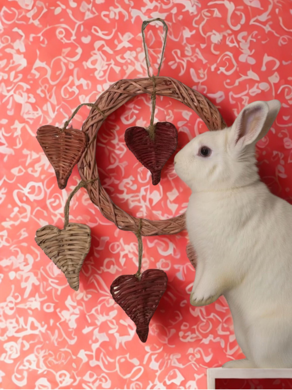 Fun4Bunnies flavored grapevine chew toy heart shapes hanging off loop for small pets 