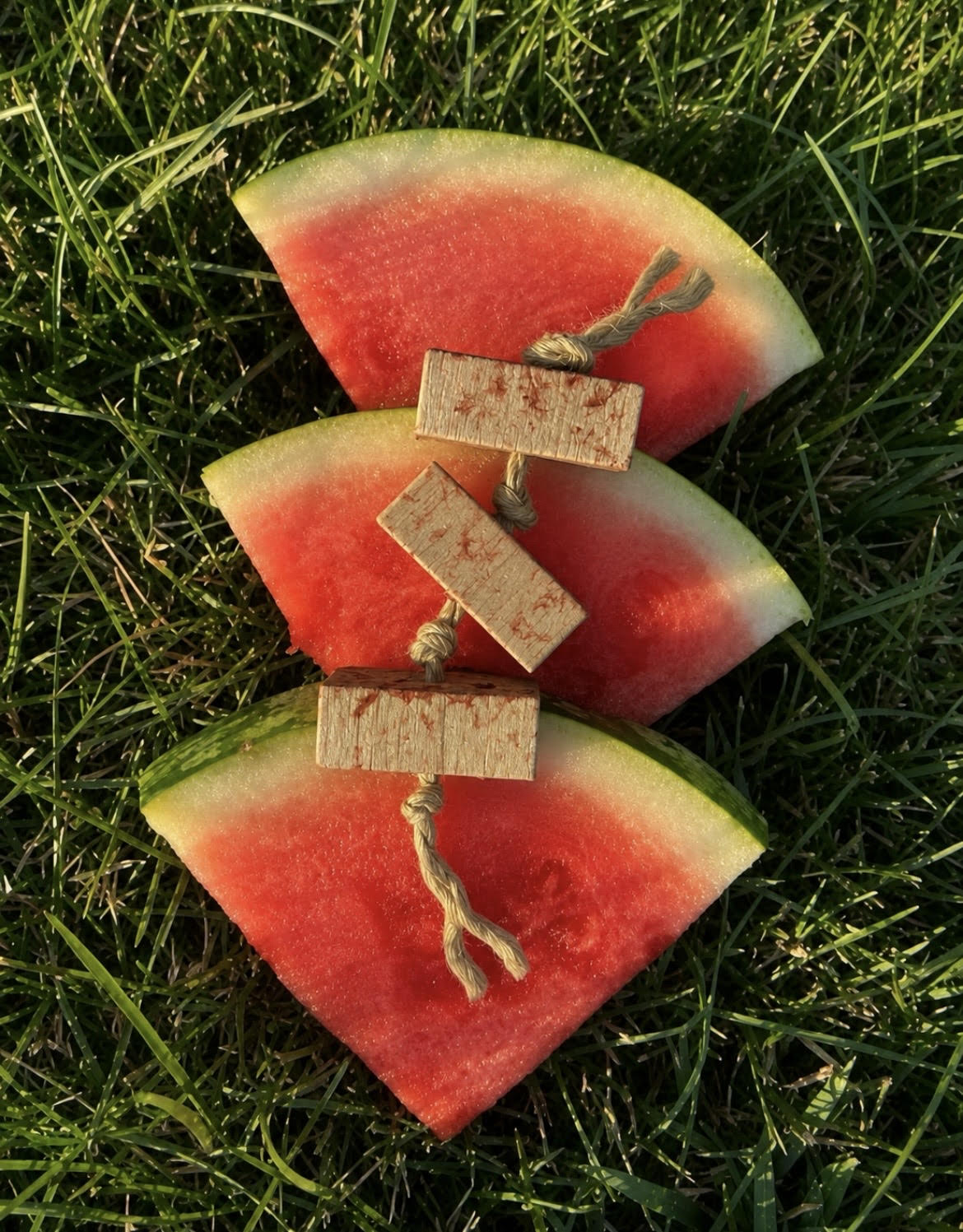 Watermelon slices showcasing a watermelon flavored balsa chew toy on top